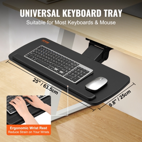 VEVOR 25x9.8 inch Keyboard Tray under Desk, Height and Angle Adjustable under Desk Keyboard Tray Slide out, Keyboard Holder under Desk for Typing in