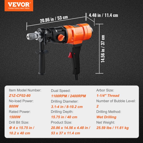 VEVOR 4in Handheld Wet Concrete Diamond Core Drill Rig, 1100-2400RPM Two Speed & 1-1/4" Thread & 2 Bubble Levels, 3-4in Drilling Diameter for
