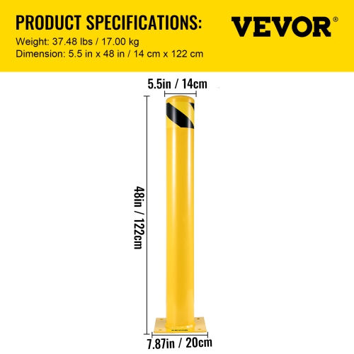 VEVOR 48 Inch Safety Bollard, Height Bollard Post, 5.5 Inch Diameter Steel Pipe Safety Bollard Post, Yellow Steel Bollard, Steel Safety Bollard with