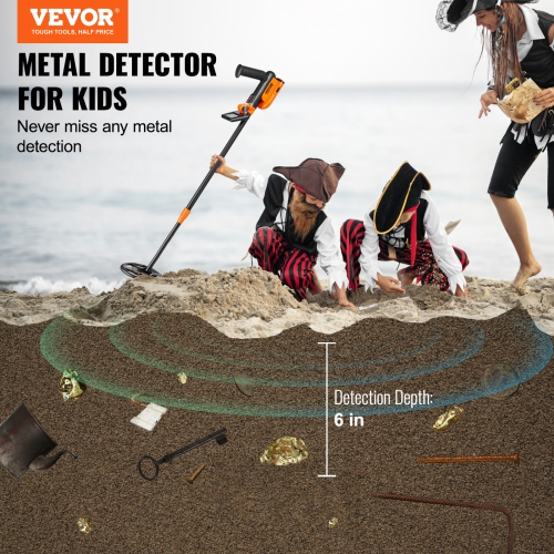 VEVOR 6 Inch Metal Detector for Kids, 25''-37'' Adjustable Gold Detector, IP68 Waterproof Search Coil with LCD Display DSP Chip, for Junior & Youth