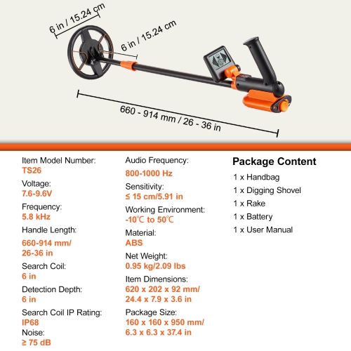 VEVOR 6 Inch Metal Detector for Kids, 25''-37'' Adjustable Gold Detector, IP68 Waterproof Search Coil with LCD Display DSP Chip, for Junior & Youth