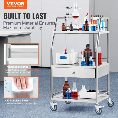 VEVOR 3 Layers Lab Serving Cart, Stainless Steel Utility Rolling Cart, Medical Cart with A Drawer, Dental Utility Cart with Lockable Wheels, for