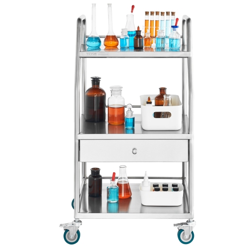 VEVOR 3 Layers Lab Serving Cart, Stainless Steel Utility Rolling Cart, Medical Cart with A Drawer, Dental Utility Cart with Lockable Wheels, for