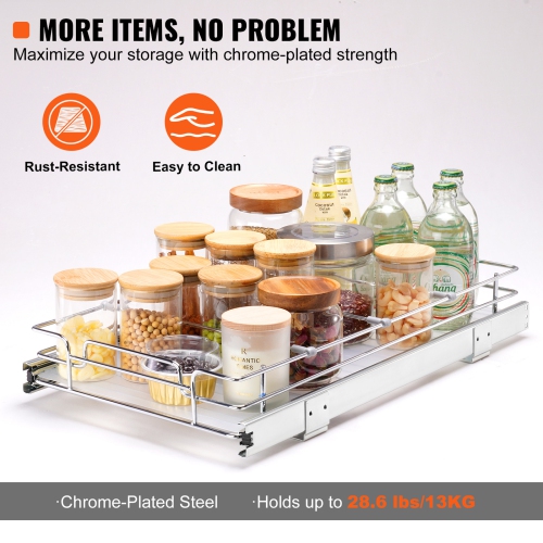 VEVOR 11"W x 21"D Heavy Duty Slide Out Pantry Shelves, Pull Out Cabinet Organizer, Chrome-Plated Steel Roll Out Drawers