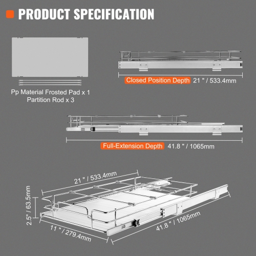 VEVOR 11"W x 21"D Heavy Duty Slide Out Pantry Shelves, Pull Out Cabinet Organizer, Chrome-Plated Steel Roll Out Drawers