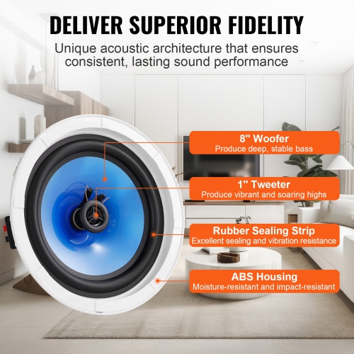 VEVOR 2 PCs 8 Inch in Ceiling Speakers,50-Watts, Flush Mount Ceiling & in-Wall Speakers System with 8ΩImpedance 89dB Sensitivity,for Kitchen Living