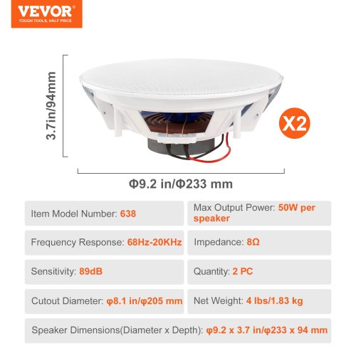 VEVOR 2 PCs 8 Inch in Ceiling Speakers,50-Watts, Flush Mount Ceiling & in-Wall Speakers System with 8ΩImpedance 89dB Sensitivity,for Kitchen Living