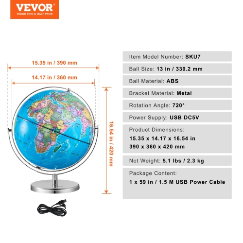 VEVOR 13 in/330.2 mm Illuminated World Globe with Stand, Educational Earth Globe with Stable Heavy Metal Base HD Printed Map and LED Night Lighting,