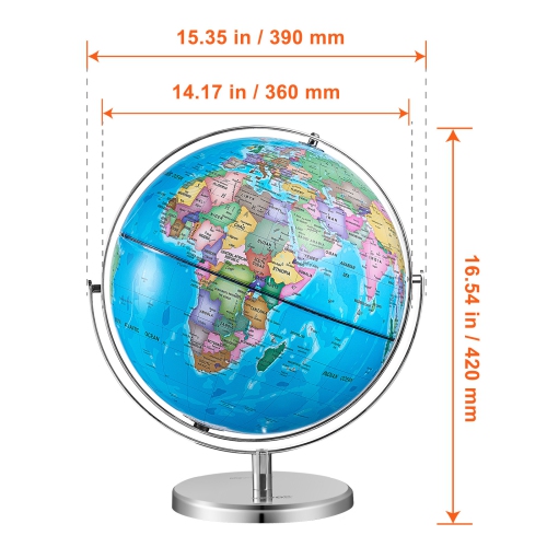 VEVOR 13 in/330.2 mm Illuminated World Globe with Stand, Educational Earth Globe with Stable Heavy Metal Base HD Printed Map and LED Night Lighting,