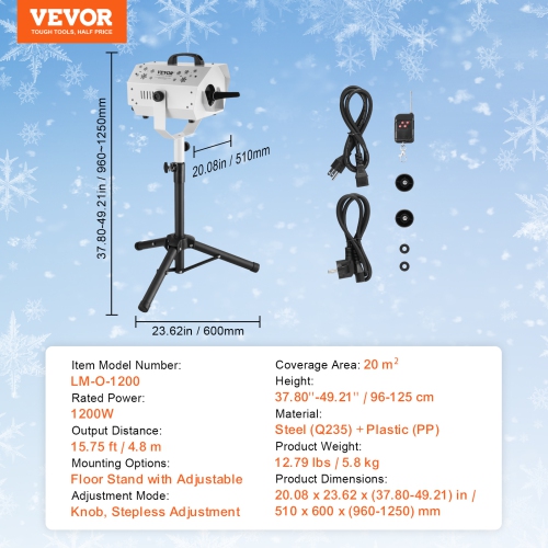 VEVOR 1200W Snow Maker Machine with Height Adjustable Stand and Remote Control, High Output Portable Artificial Snowflake Machines for Christmas