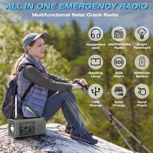 Emergency Radio Solar Hand Crank AM/FM Portable Weather Radio,LED Flashlight,Reading Lamp, SOS Alarm,for Outdoor Emergency