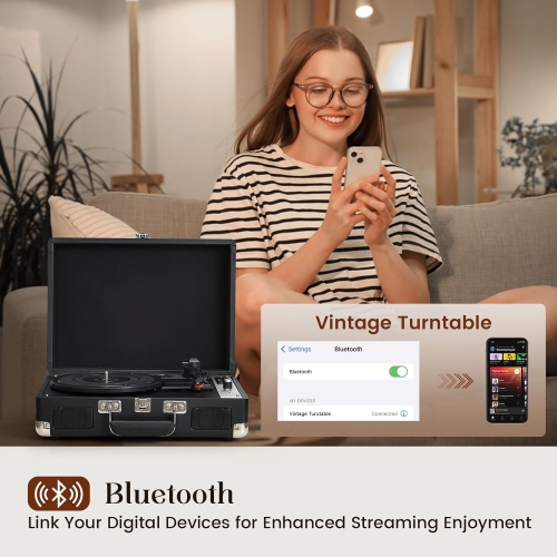 Tourne-disque portatif Bluetooth Enregistrement USB Tourne-disques à 3 vitesses Haut-parleurs intégrés Lecteur LP à entraînement par courroie Prise