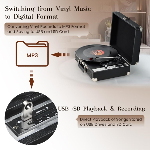 Tourne-disque portatif Bluetooth Enregistrement USB Tourne-disques à 3 vitesses Haut-parleurs intégrés Lecteur LP à entraînement par courroie Prise