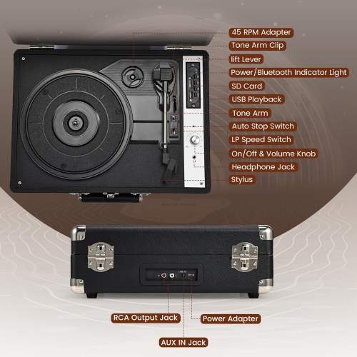 Tourne-disque portatif Bluetooth Enregistrement USB Tourne-disques à 3 vitesses Haut-parleurs intégrés Lecteur LP à entraînement par courroie Prise