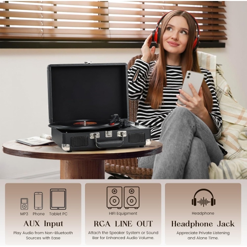 Tourne-disque portatif Bluetooth Enregistrement USB Tourne-disques à 3 vitesses Haut-parleurs intégrés Lecteur LP à entraînement par courroie Prise