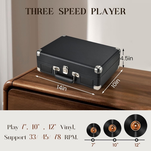 Tourne-disque portatif Bluetooth Enregistrement USB Tourne-disques à 3 vitesses Haut-parleurs intégrés Lecteur LP à entraînement par courroie Prise