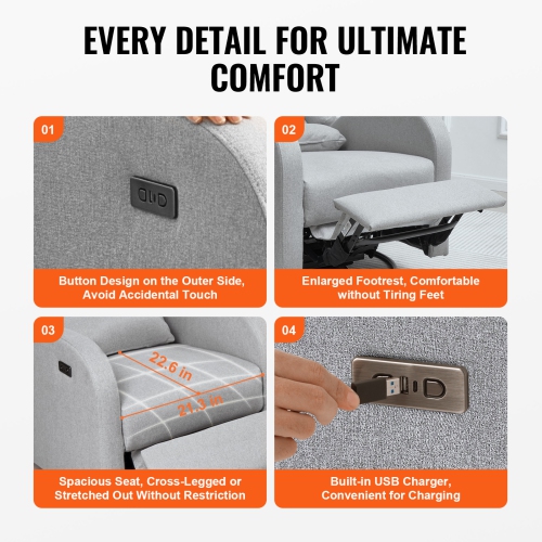 VEVOR 250 lbs Weight Capacity Electronic Power Recliner and Swivel Glider,Recliner Chair with USB Port,Polyester Surface Swivel Rocker Recliner for