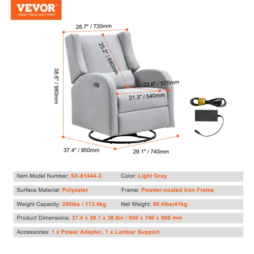 VEVOR 250 lbs Weight Capacity Electronic Power Recliner and Swivel Glider,Recliner Chair with USB Port,Polyester Surface Swivel Rocker Recliner for