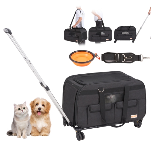 VEVOR Cat Carrier with Wheels, Rolling Pet Carrier with Telescopic Handle and Shoulder Strap, Dog Carrier with Wheels for Pets under 35 lbs, with 1
