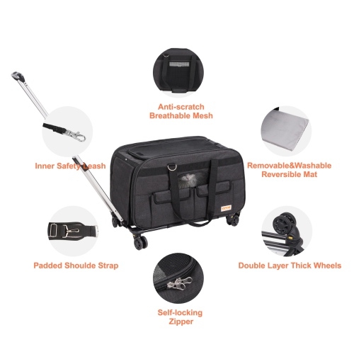 VEVOR Cat Carrier with Wheels, Rolling Pet Carrier with Telescopic Handle and Shoulder Strap, Dog Carrier with Wheels for Pets under 35 lbs, with 1