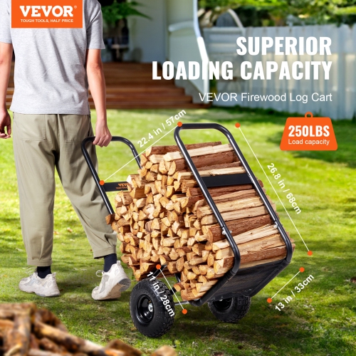 VEVOR 250 lbs Firewood Log Cart, Load Capacity, Outdoor and Indoor Wood Rack Storage Mover with Pneumatic Rubber Wheels, Heavy Duty Steel Dolly