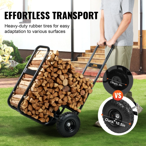 VEVOR 250 lbs Firewood Log Cart, Load Capacity, Outdoor and Indoor Wood Rack Storage Mover with Pneumatic Rubber Wheels, Heavy Duty Steel Dolly