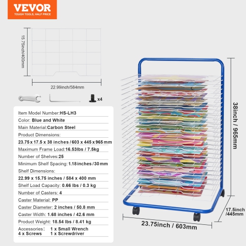 VEVOR 23.75x17.5x38 inch Art Drying Rack, 25 Removable Shelves Paint Drying Rack With Lockable Wheels, Carbon Steel Painting Drying Rack for Artwork