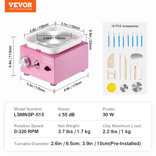 VEVOR Mini Pottery Wheel, 0-320RPM Adjustable Speed Detachable Basin Forming Machine, 2.56in/3.94in 2 Turntables Electric Ceramic Wheel Machine,
