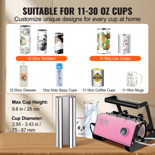 VEVOR 11-30oz Mug Heat Press, Tumbler Heat Press Machine, Sublimation Transfer Straight Skinny Tumblers, Cup Heat Press with Heat-resist Gloves &