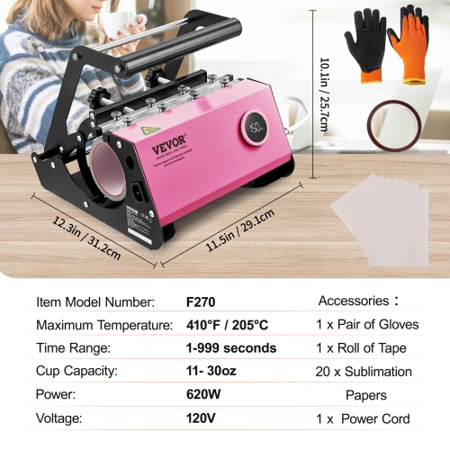 VEVOR 11-30oz Mug Heat Press, Tumbler Heat Press Machine, Sublimation Transfer Straight Skinny Tumblers, Cup Heat Press with Heat-resist Gloves &