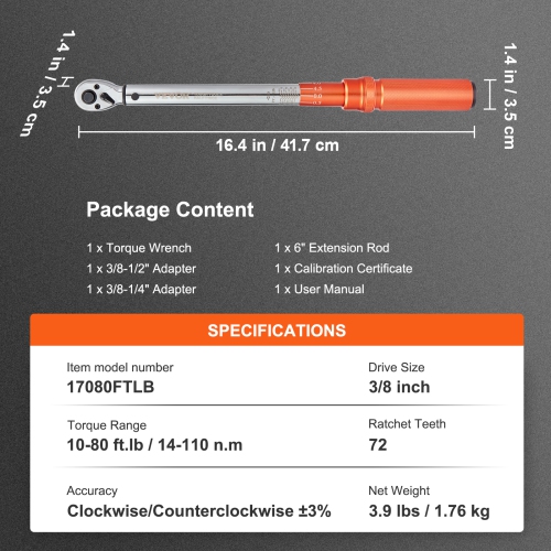 VEVOR 3/8-inch Torque Wrench, Dual-Direction Adjustable Drive Click Torque Wrench 10-80ft.lb/14-110n.m, Mechanical Dual Range Scales Torque Wrench