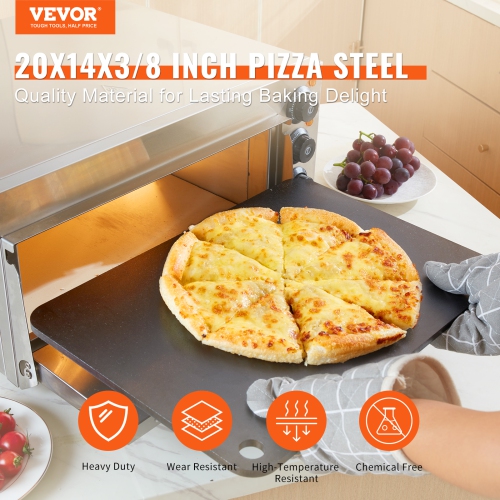 VEVOR 20" x 14" x 3/8" Pizza Steel, Pizza Steel Plate for Oven, Pre-Seasoned Carbon Steel Pizza Baking Stone with 20X Higher Conductivity, Heavy Duty