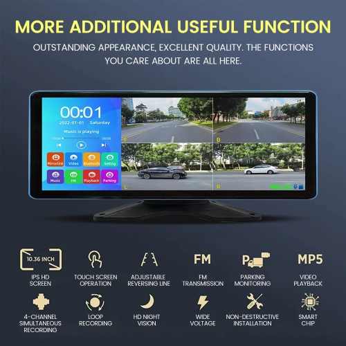 Car Driving Recorder, 10.36-Inch HD IPS Touch Screen, Four-Recording 360-Degree Panoramic Monitoring