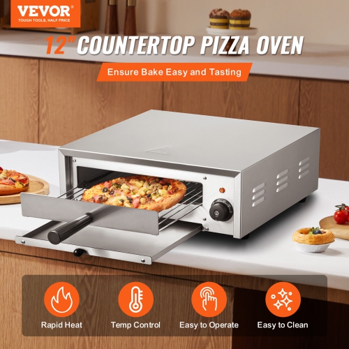 VEVOR 12-inch Countertop Electric Pizza Oven, 1500W, 122-662℉ Temp Range, Stainless Steel Construction and Easy-to-Clean Crumb Tray, Suitable for