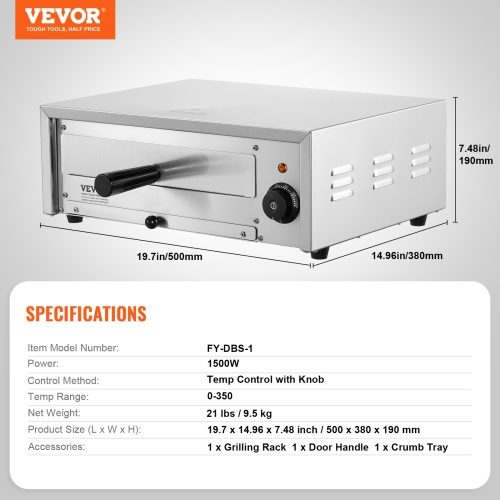 VEVOR 12-inch Countertop Electric Pizza Oven, 1500W, 122-662℉ Temp Range, Stainless Steel Construction and Easy-to-Clean Crumb Tray, Suitable for