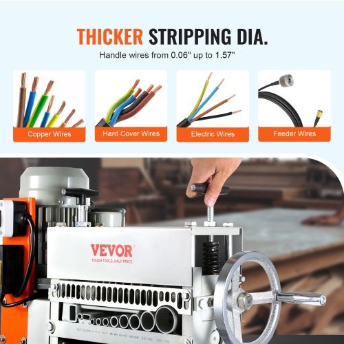 VEVOR 0.06''-1.57'' Automatic Wire Stripping Machine, Electric Motorized Cable Stripper, 370 W, 88 ft/min Wire Peeler with An Extra Manual Crank, 11