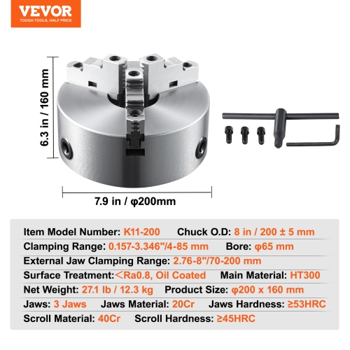 VEVOR 8'' 3-Jaw Lathe Chuck, Self-Centering Lathe Chuck, 0.16-8 in/4-200 mm Clamping Range with T-key Fixing Screws Hexagon Wrench, for Lathe 3D