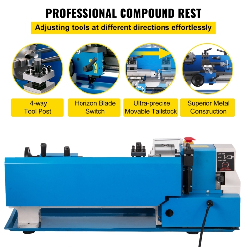 VEVOR 7'' x 14'' Metal Lathe , Mini Metal Lathe 0-2500 RPM Variable Speed,Mini Lathe with 4" 3-jaw Chuck,Bench Top Metal Lathe, Benchtop Lathe, for