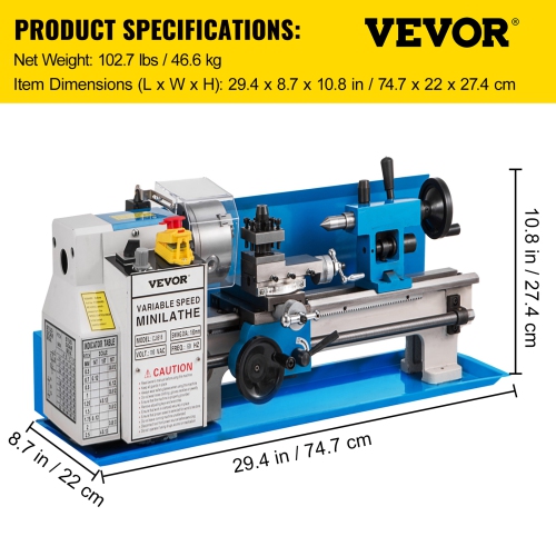 VEVOR 7'' x 14'' Metal Lathe , Mini Metal Lathe 0-2500 RPM Variable Speed,Mini Lathe with 4" 3-jaw Chuck,Bench Top Metal Lathe, Benchtop Lathe, for