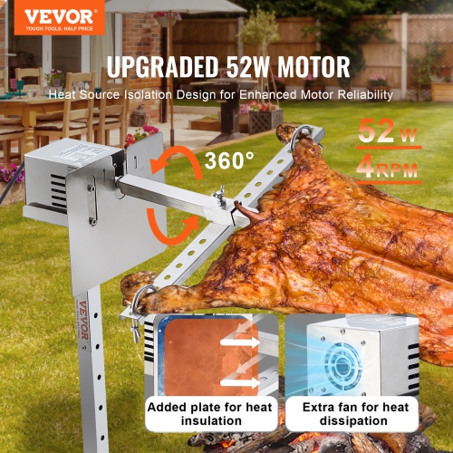 VEVOR 46 Inch Electric BBQ Rotisserie Grill Kit, 132 lbs, Automatic 52W Motor Height Adjustable Universal Roaster Stand, Stainless Steel Grilling