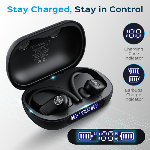 TREBLAB X4 Wireless Earbuds with Earhooks – 253H Battery, ENC Mic, Bluetooth 5.4, USB-C Charging Case, IPX5 Waterproof, Noise Isolating, for Running,