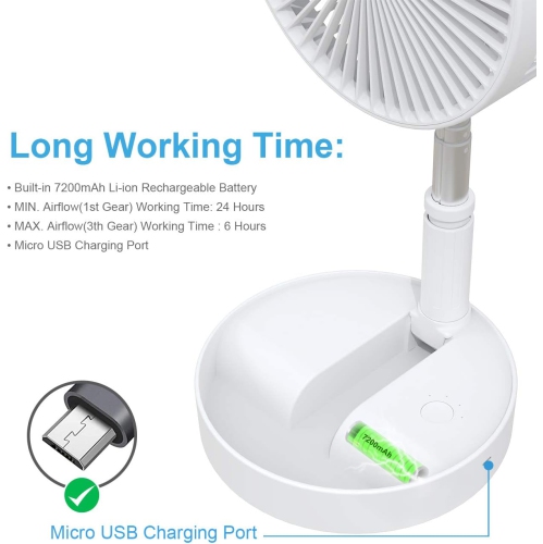 Quiet Fan with Remote Control Portable Rechargeable Folding Fan Battery Powered Fan with Timer 4 Speeds Turbo Air Circulation Fan for Camping Travel