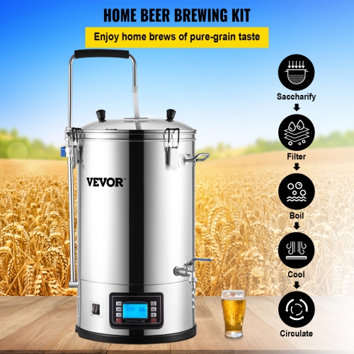 VEVOR 9.2 Gal/35 L Electric Brewing System, Home Beer Brewer with Pump, Mash Boil Device with Panel, Auto/Manual Mode 100-1800W Power 25-100℃ Temp