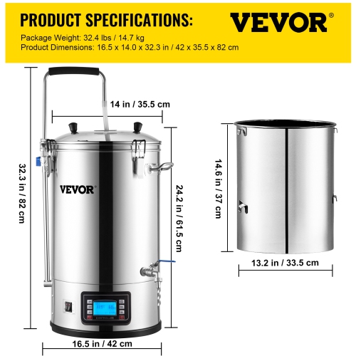 VEVOR 9.2 Gal/35 L Electric Brewing System, Home Beer Brewer with Pump, Mash Boil Device with Panel, Auto/Manual Mode 100-1800W Power 25-100℃ Temp