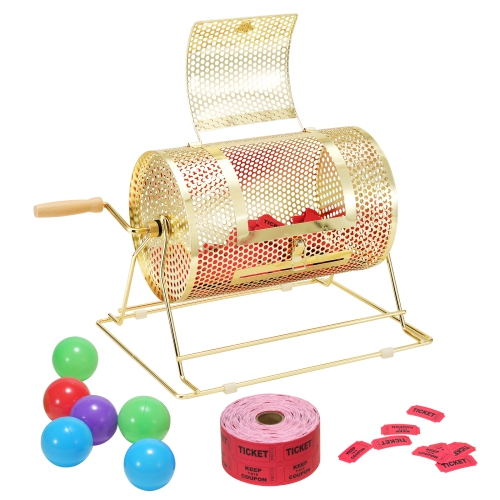 VEVOR 11.6 x 7.48 inch Raffle Drum,Holds 2500 Tickets or 100 Ping Pong Balls, Metal Lottery Spinning Drawing with Wooden Turning Handle, Brass Plated