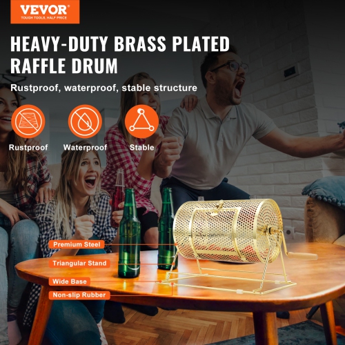 VEVOR 11.6 x 7.48 inch Raffle Drum,Holds 2500 Tickets or 100 Ping Pong Balls, Metal Lottery Spinning Drawing with Wooden Turning Handle, Brass Plated
