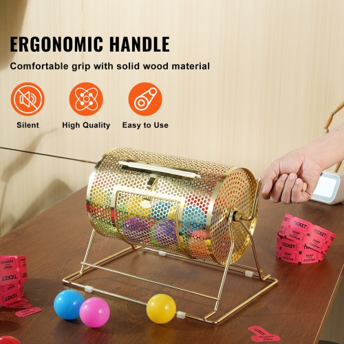 VEVOR 11.6 x 7.48 inch Raffle Drum,Holds 2500 Tickets or 100 Ping Pong Balls, Metal Lottery Spinning Drawing with Wooden Turning Handle, Brass Plated