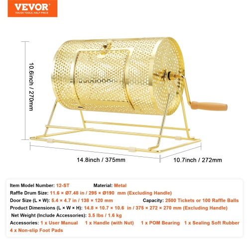 VEVOR 11.6 x 7.48 inch Raffle Drum,Holds 2500 Tickets or 100 Ping Pong Balls, Metal Lottery Spinning Drawing with Wooden Turning Handle, Brass Plated