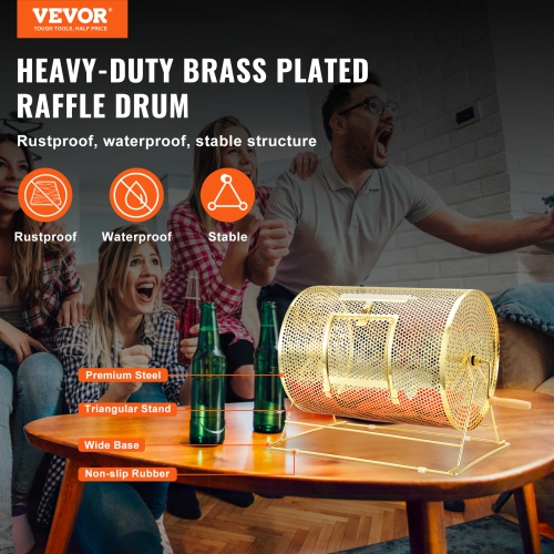 VEVOR 16.1 x 12 inch Raffle Drum, Holds 5000 Tickets or 200 Ping Pong Balls, Metal Lottery Spinning Drawing with Wooden Turning Handle, Brass Plated