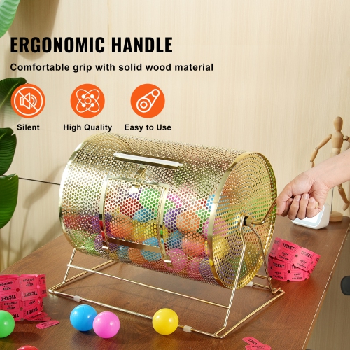 VEVOR 16.1 x 12 inch Raffle Drum, Holds 5000 Tickets or 200 Ping Pong Balls, Metal Lottery Spinning Drawing with Wooden Turning Handle, Brass Plated